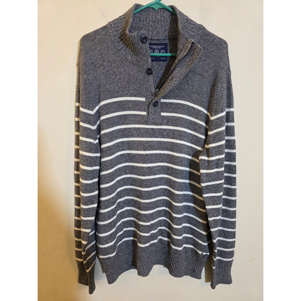 American Eagle Mens XL Athletic Fit Grey White‎ Striped Mock Neck Zip Sweater